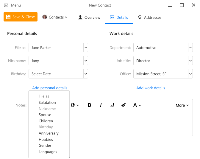 Data fields in contact editor