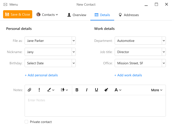 Data fields in contact editor