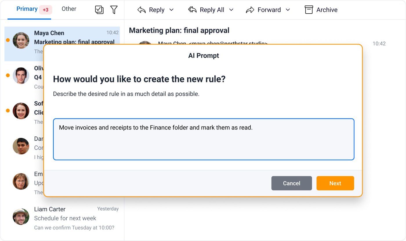 eM Client: AI rule creation